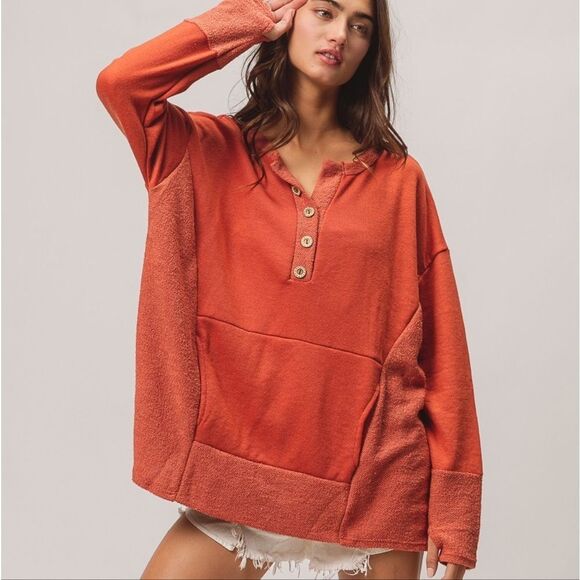 BiBi French Terry Knit Cozy Henley Long Sleeve Thumbhole Top Sz Large - Picture 2 of 11